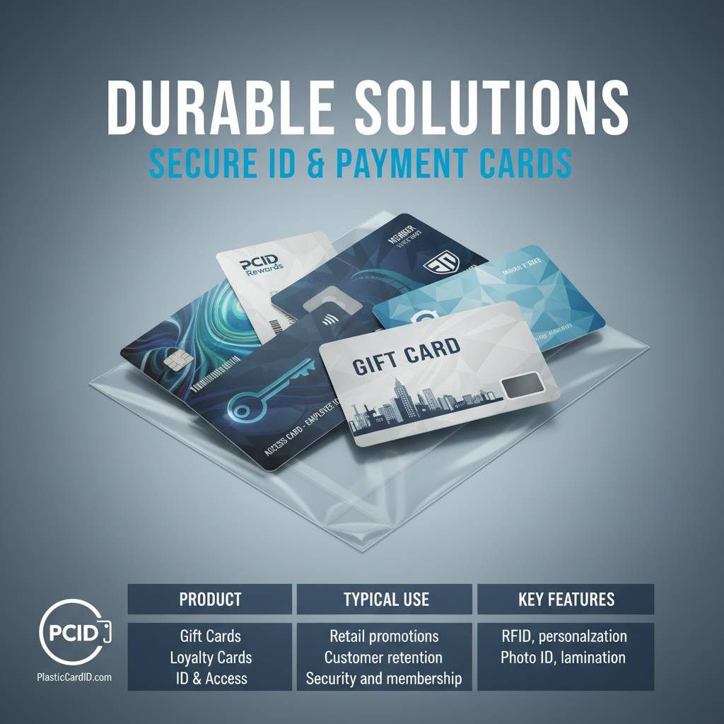 ProductTypical UseKey FeaturesGift CardsRetail promotionsCustom art, magnetic stripe, barcodeLoyalty CardsCustomer retentionRFID, personalization, durable finishID & AccessSecurity and membershipMIFARE DESFire, photo ID, lamination